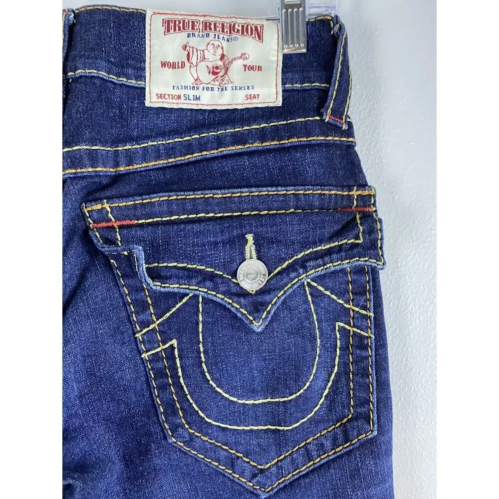 NWOT True Religion Sz 29 Mens Slim Fit Ferd Flap OM Big T Red Dk Blue Jeans
